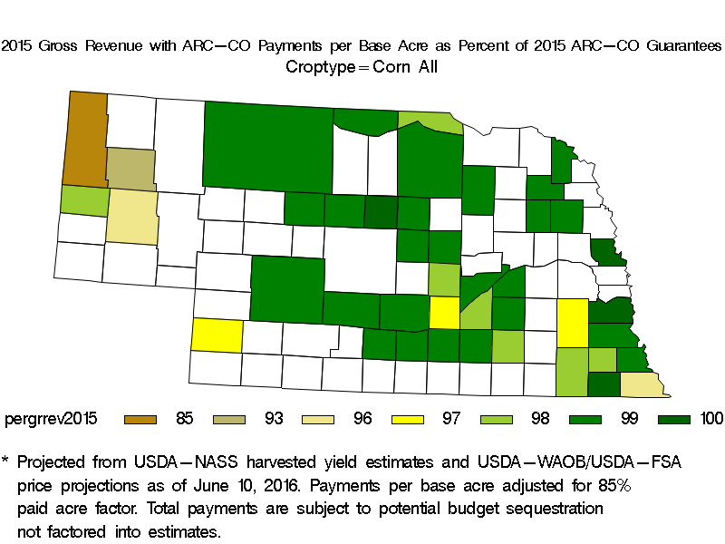 Estimated 2015 Gross Revenue Per Acre with Crop Revenue and ARC-CO Payments for All Corn Counties in Nebraska