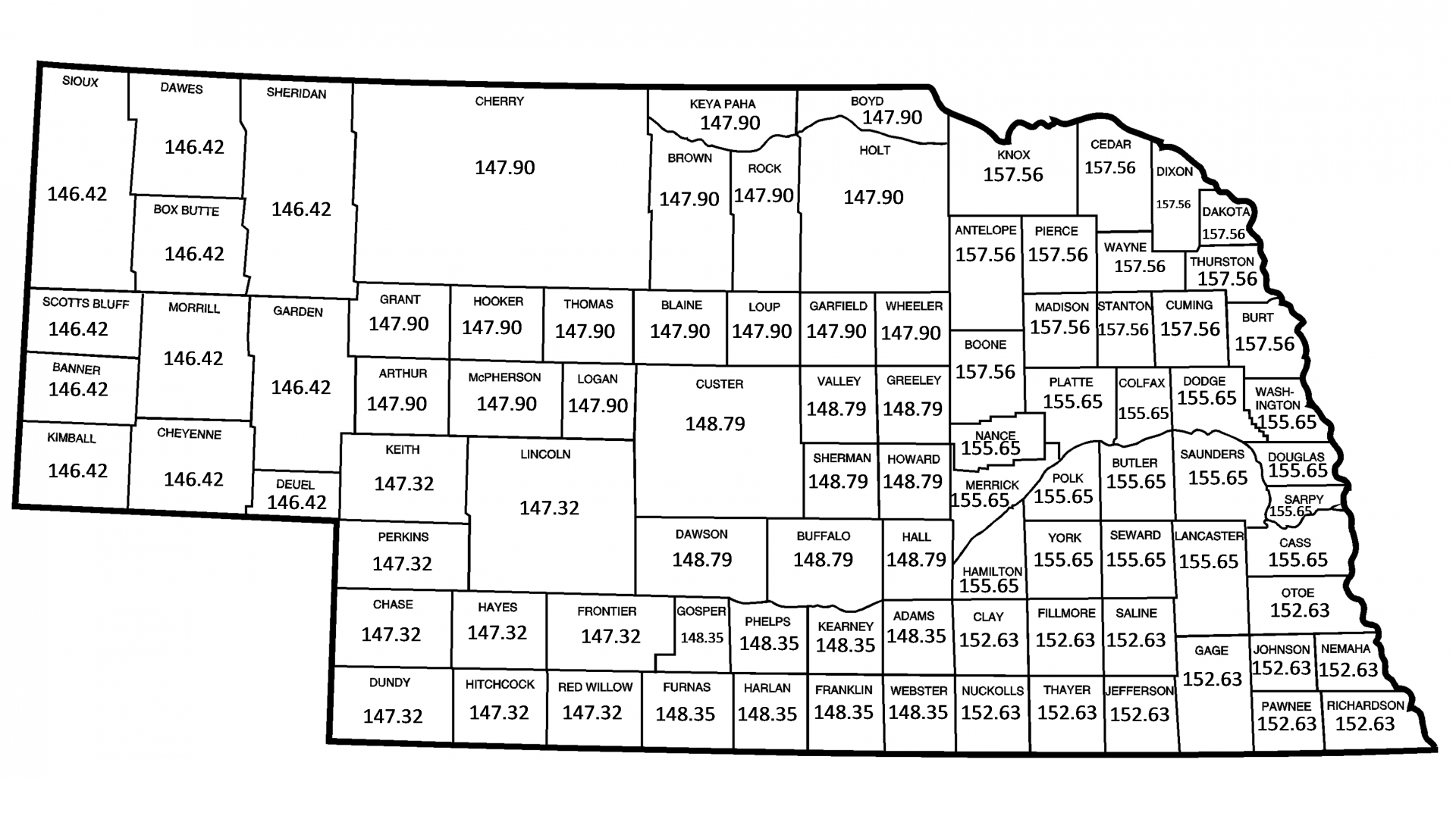 Nebraska map listing county base values
