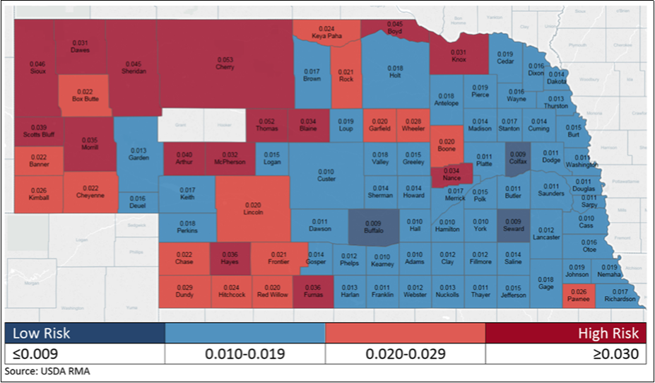 Map of Nebraska Counties colored by risk