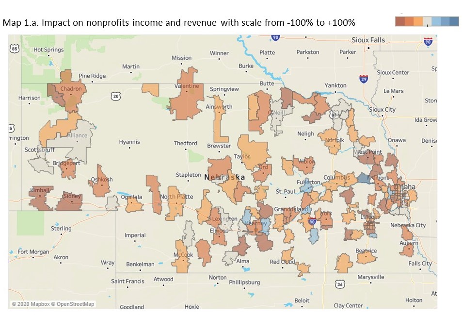 map 1.a. Impact on nonprofits income and revenue with scale from -100% to +100%