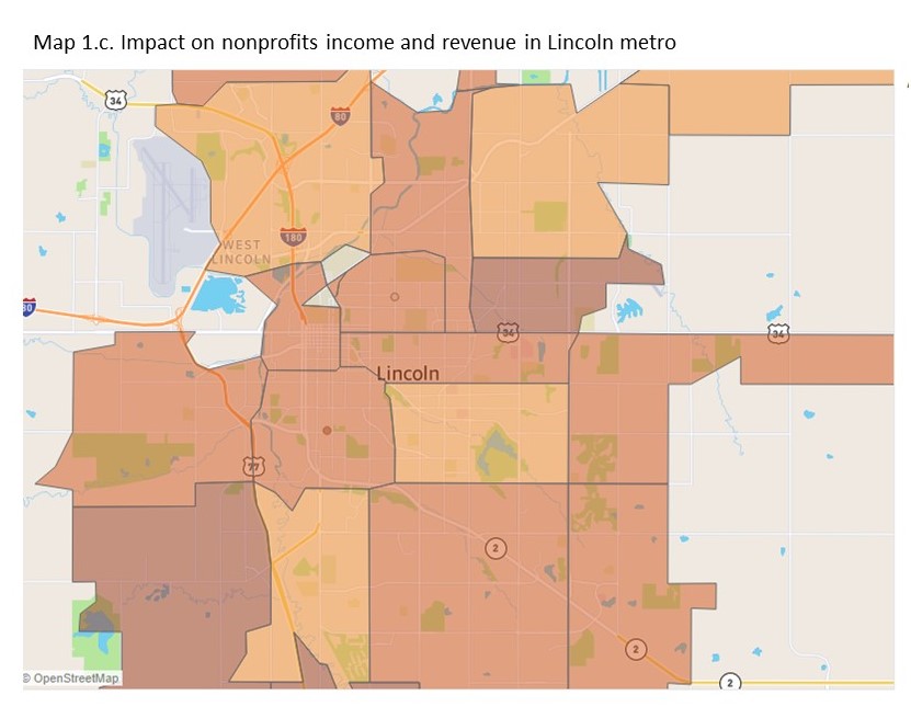 map 1.c. Impact on nonprofits income and revenue in Lincoln metro