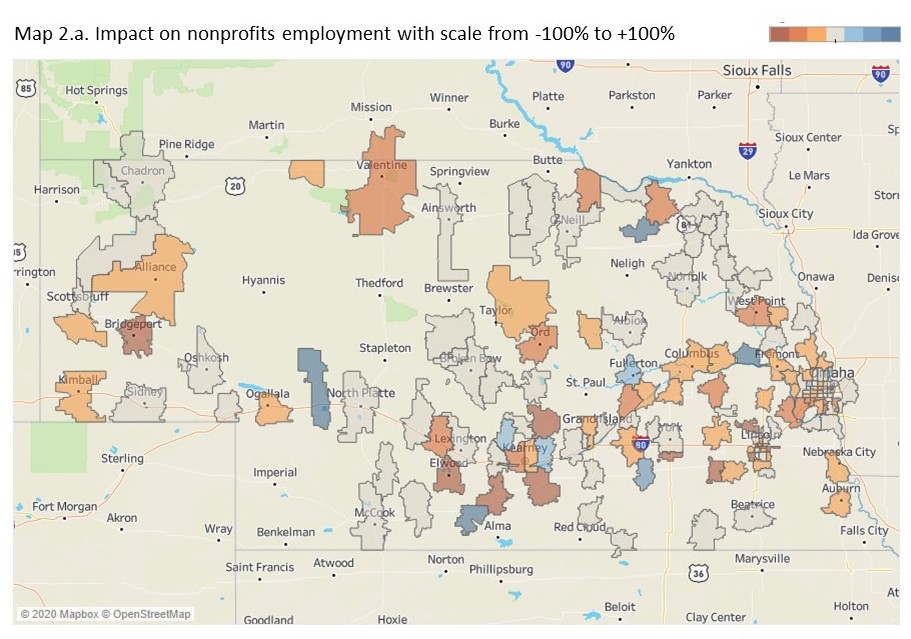 map 2.a. Impact on nonprofits employment with scale from -100% to +100%