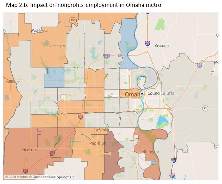 map 2.b. Impact on nonprofits employment in Omaha metro