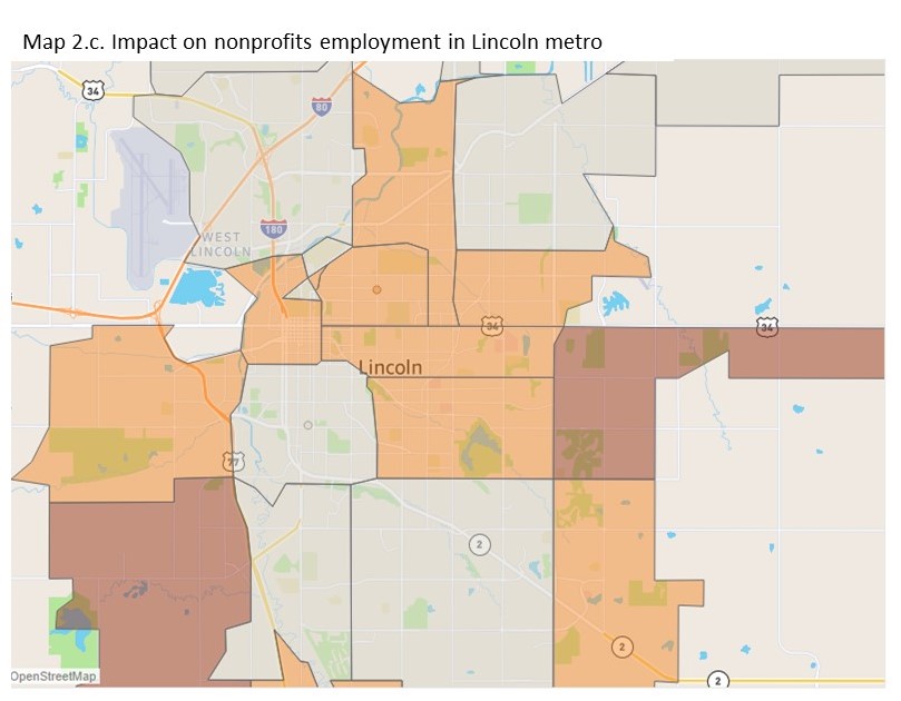 map 2.c. Impact on nonprofits employment in Lincoln metro