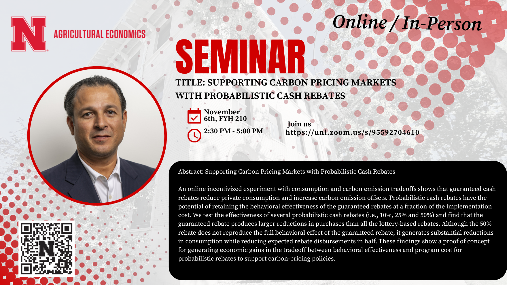 Seminar flyer with red accents, photo of a man, and event details for supporting carbon pricing markets.