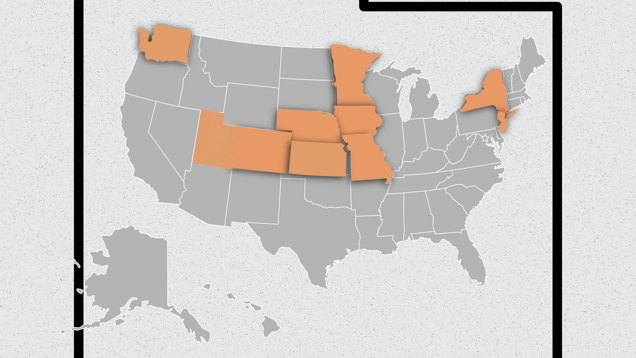 U.S. map with states highlighted with participants: Washington, Utah, Colorado, Kansas, Nebraska, Minnesota, Iowa, Minnesota, New York, and New Jersey.
