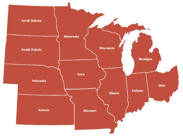 Figure 1. Map highlighting Midwest U.S. states with labels on a red background.