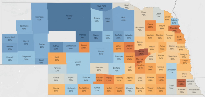 Percentage of 2024 Base Acres to 2022 Cropland Acres by County